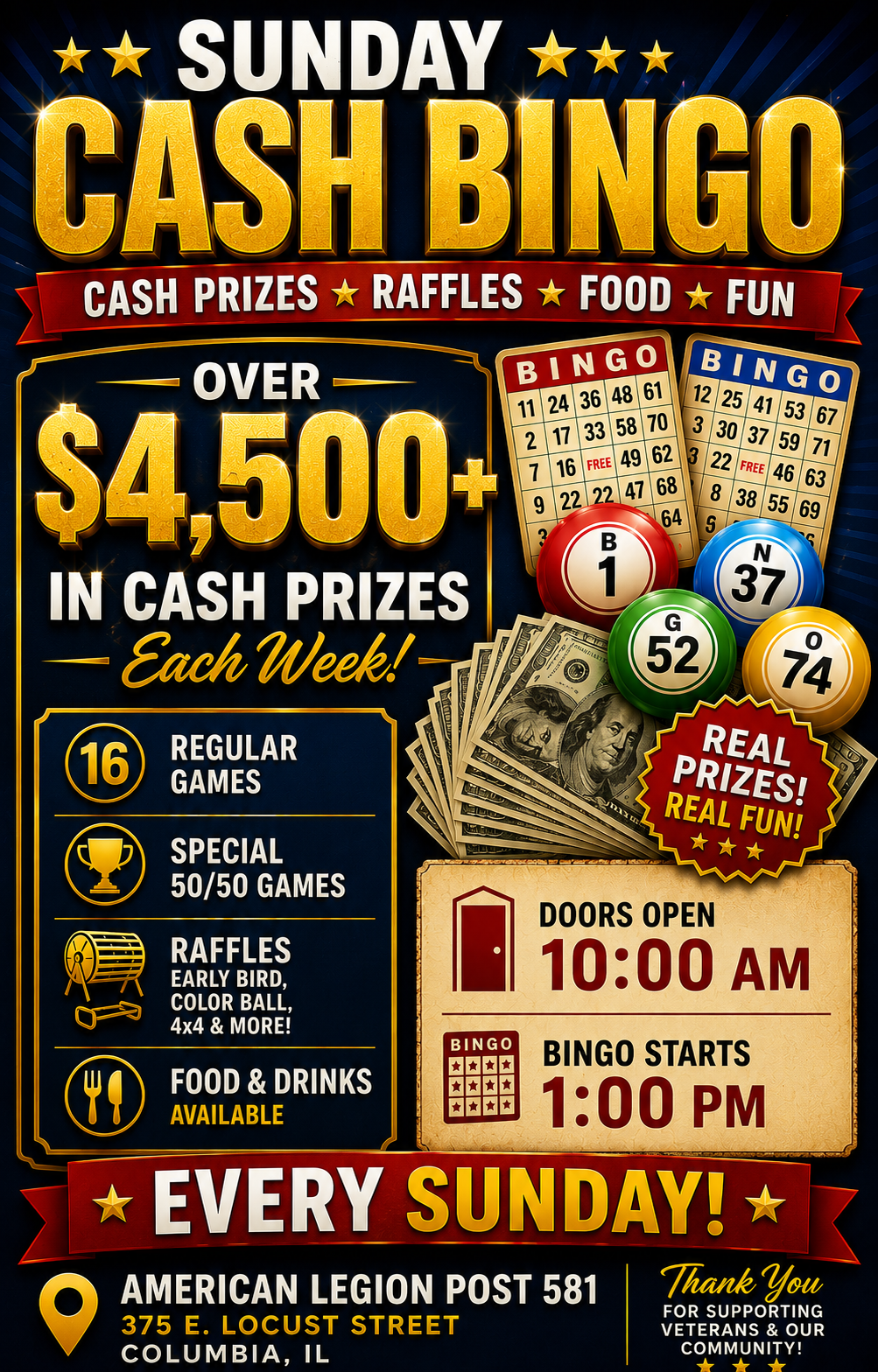 Sunday Cash Bingo in Columbia Illinois at American Legion Post 581